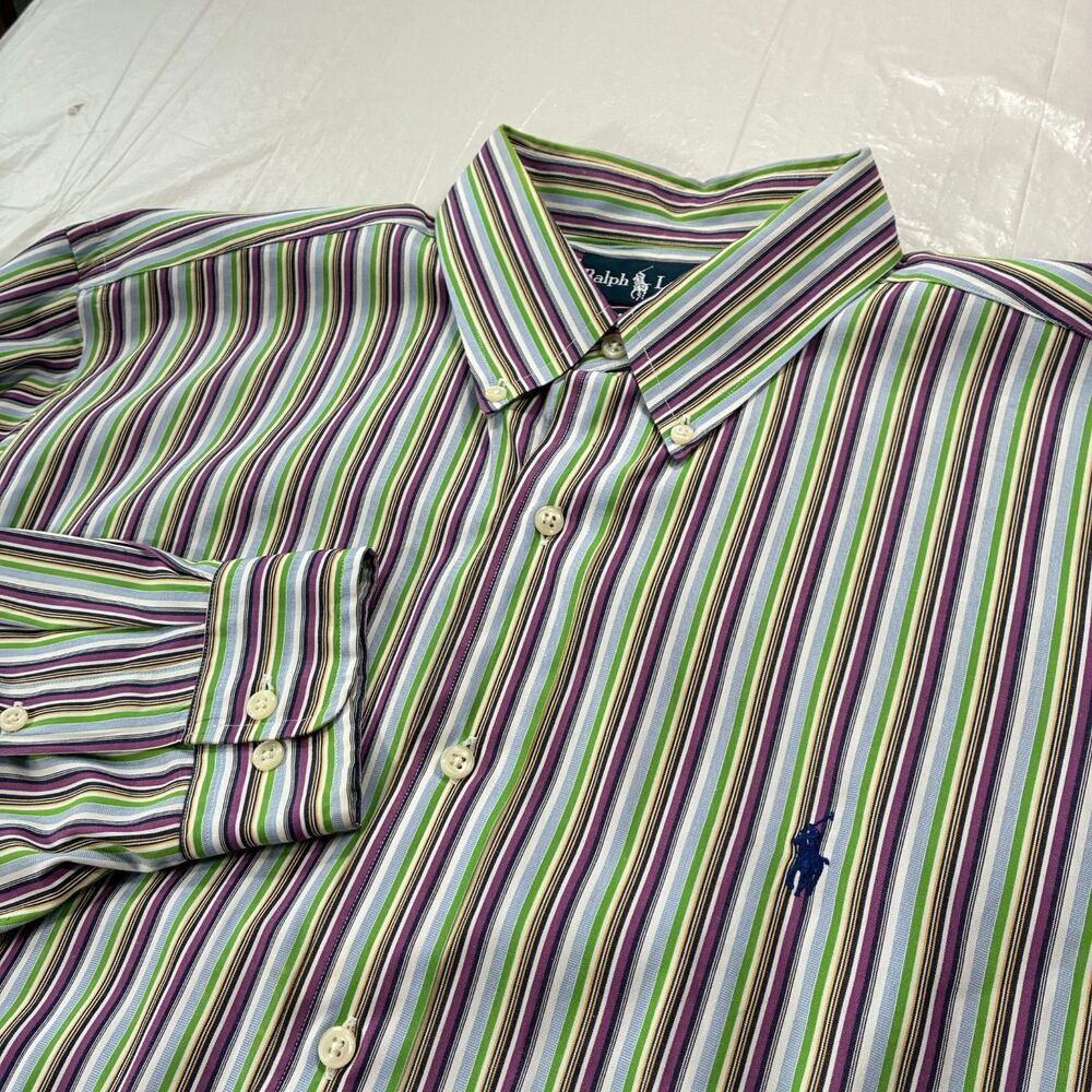 Ralph Lauren Classic Fit Shirt Men's Size Large Striped Button Down Green Purple